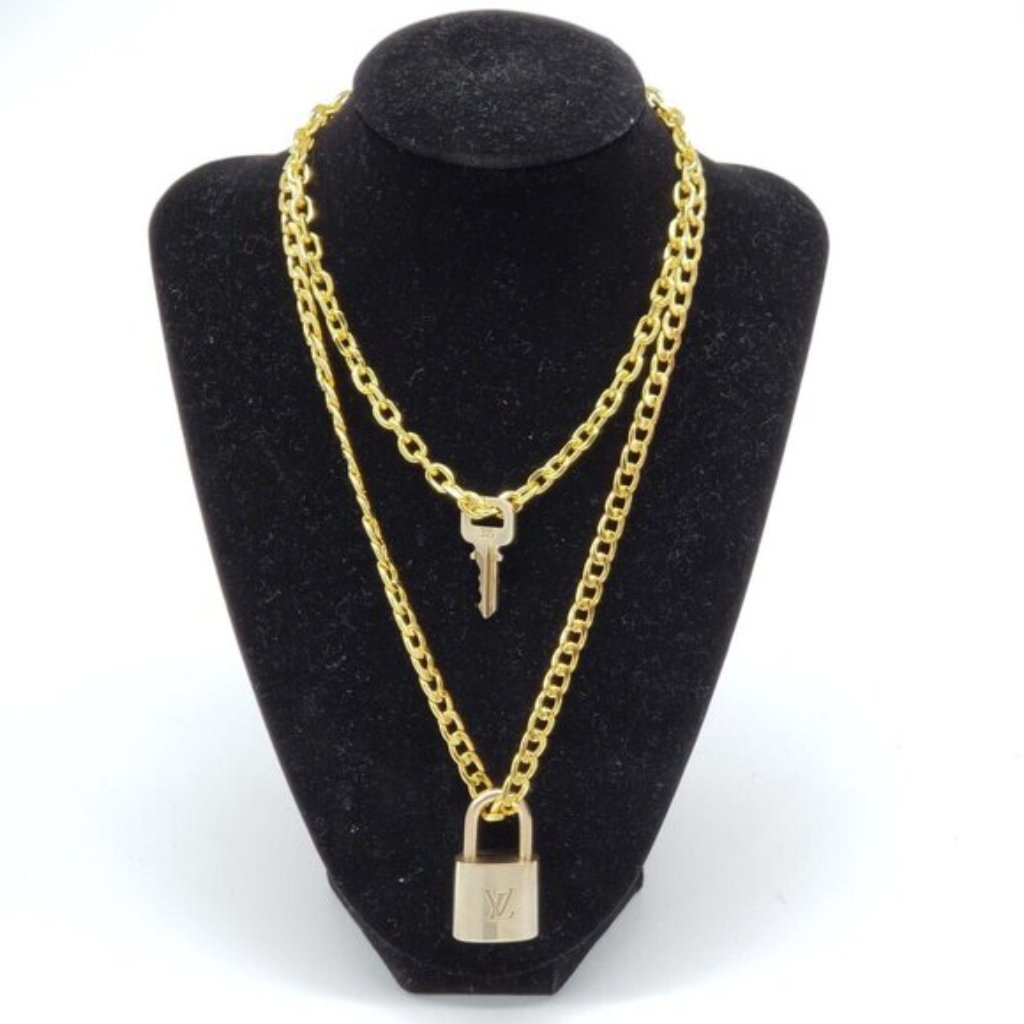Authentic Louis Vuitton Gold Lock & Key Pendant + 18k Gold Plated Chain Necklace